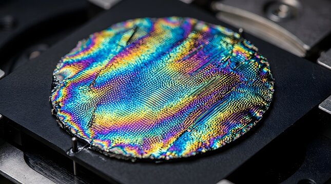 A circular iridescent microchip wafer displaying vibrant spectrum patterns created by complex nanostructure light refraction and diffraction technology