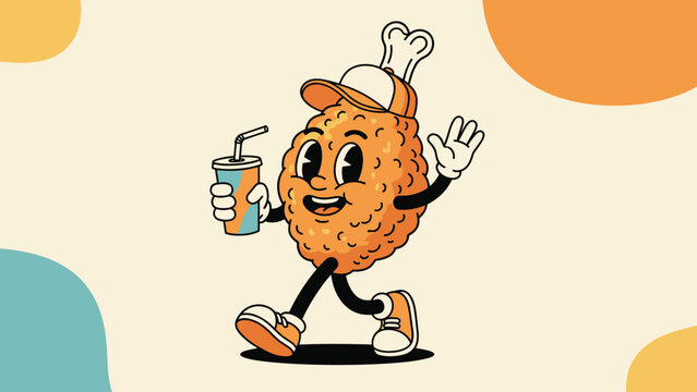 Retro cartoon fried chicken leg character wearing an orange cap and sneakers walks happily while holding a soda cup and waving.