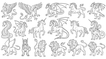Fototapeta premium Large set of mythical creature sketches including dragons, unicorns, griffins, and winged lions for fantasy themes.