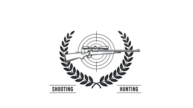 Professional hunting and shooting logo featuring a sniper rifle inside a laurel wreath with a target backdrop.