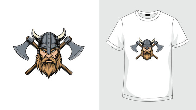 Fierce viking warrior head with a horned helmet and crossed axes shown as a standalone logo and on a t-shirt.