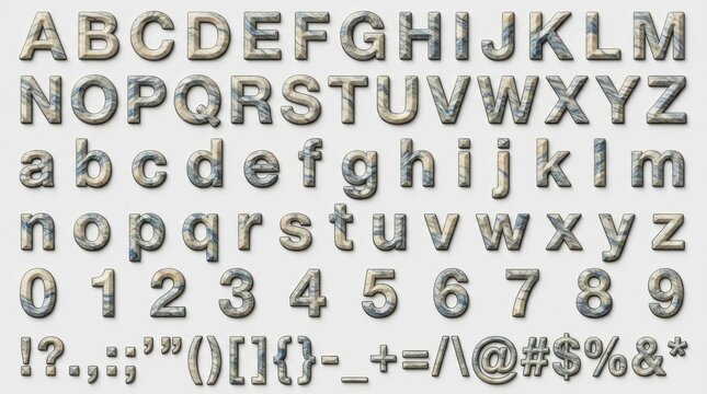 font alphabet in wavy marble swirl stone carved decorative style from a to z numbers punctuation isolated on white background