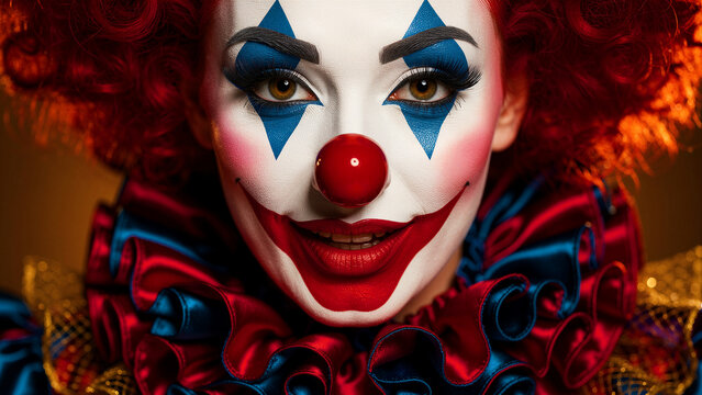 A vibrant clown with striking red curly hair wearing dramatic blue and white face makeup plus a iconic red nose displays a captivating smile while dressed in a traditional colorful ruffled costume