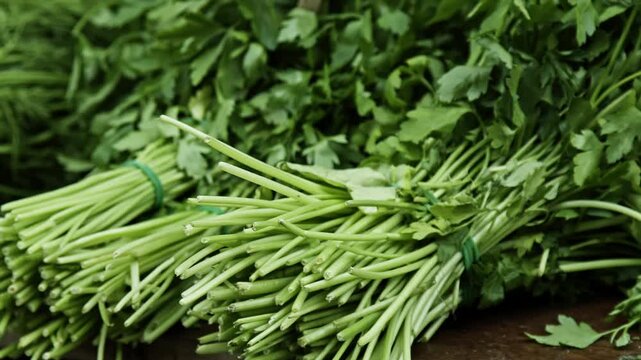 Fresh parsley and dill bundles at market stall, slow motion pan