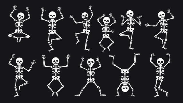 Fun collection of white dancing skeletons in various playful poses on a solid black background for halloween decor.