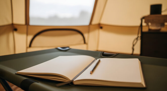 An open notebook with a pencil resting on its pages, placed on a camping cot inside a tent, ready for writing or journaling.