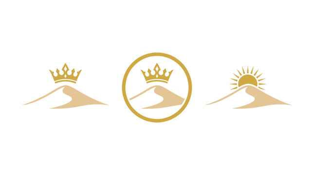 Desert Dune Logo Icons with Crown and Sun - Golden Emblem Set
