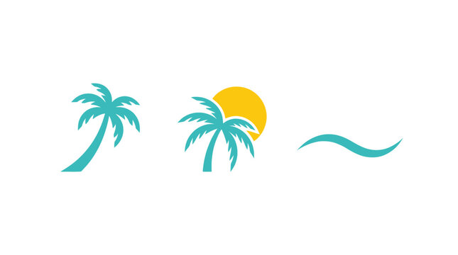 Tropical Palm Tree Sunset Wave Icon Set