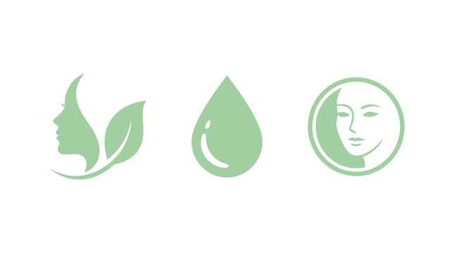 Natural Beauty Icons: Face, Leaf, Water Droplet, and Crescent Moon Face