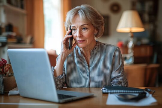 mature woman seated at wooden table in cozy living room, talking on smartphone while working on laptop with notebook and glasses, focused and calm