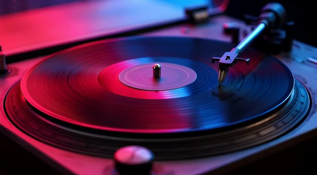 Close-up of a vintage record player spinning with neon lighting