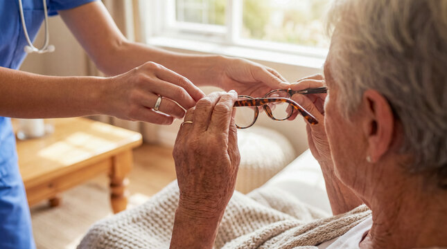nurse elderly support vision eyeglasses assistance homecare recovery comfort caregiving depicting vision aid assistance that restores daily independence for older patients in homecare settings