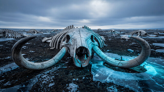 The weathered fossilized skeletal remains of a prehistoric woolly mammoth creature are showcased with intricate ivory tusks and a large bony ribcage resting upon the cold frozen ground in this