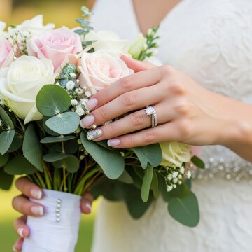 Brides hands with engagement ring holding a beautiful wedding bouquet of white and pink roses with eucalyptus leaves.