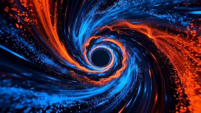 Blue and orange swirling spiral vortex with black center in space