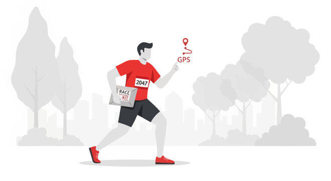 Runner with GPS tracking map on a race route in a park with city skyline background