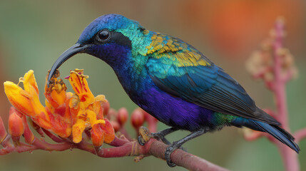 Obraz premium Hummingbird Festival, Iridescent hummingbird feeding on orange tropical flower with vivid colors and detailed texture representing biodiversity and vibrant Hummingbird Festival wildlife theme