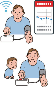 血圧を測る中年の男性。スマホで記録するイラスト。
