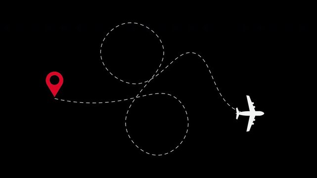 Airplane flight path animation showing the flight route with a dotted line from the starting point to the destination forming a curved curve and roller coaster, suitable for animation footage, etc.