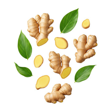 Irregularly cut ginger root with golden-brown skin and pale fibrous flesh, paired with vibrant green leaves, all suspended against a transparent studio background, conveying natural freshness and