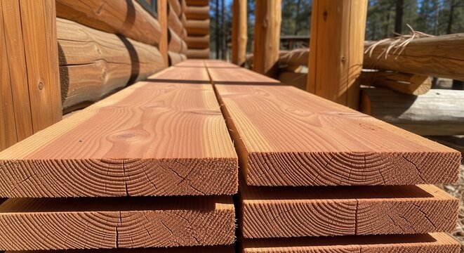 Stack of Natural Unfinished Cedar Wood Planks for Construction and Rustic Building Projects