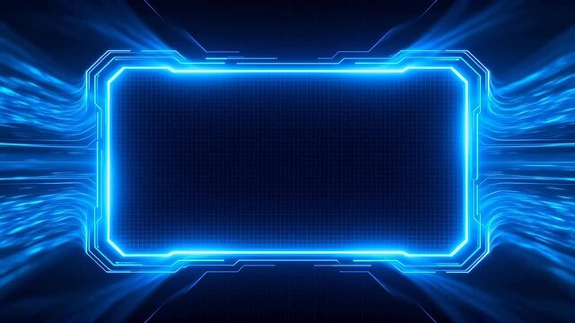 Rectangular glowing grid frame with neon blue lines on dark background