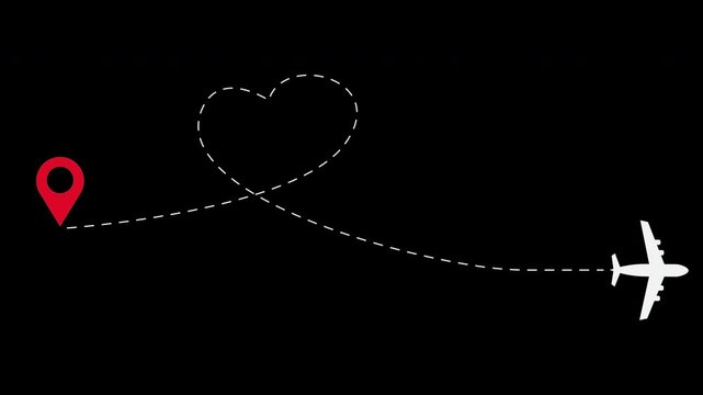 Airplane flight path animation showing flight route with dotted line from starting point to destination forming love curve, suitable for animation footage, website, travel, presentation, etc. 4K alpha
