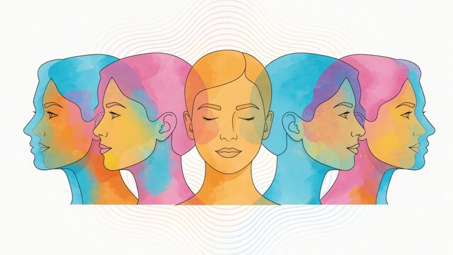 Identit&agrave; e psicologia: ritratto multicolore di donna con profili multipli