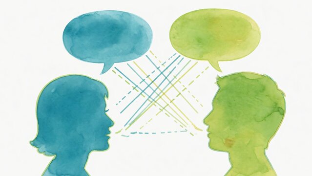 Acquerello concettuale di due persone in dialogo con fumetti colorati.