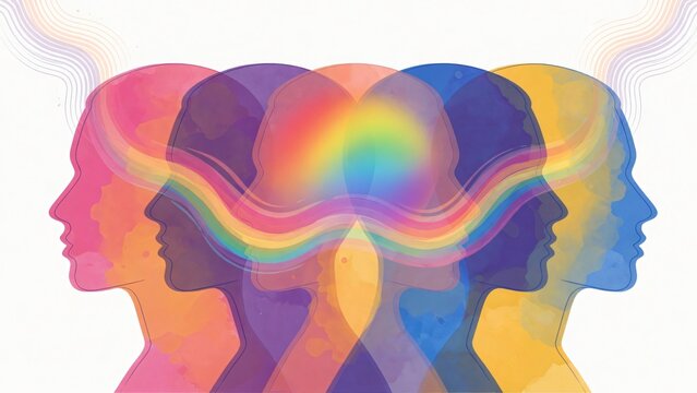 Illustrazione astratta ad acquerello: profili sovrapposti e mente collettiva