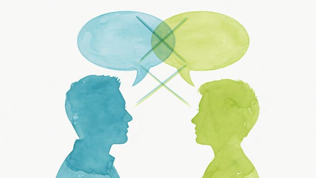 Illustrazione ad acquerello di un dialogo: profili con fumetti incrociati