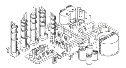 Fototapeta premium Isometric Industrial Refinery Complex Illustration Drawing.
