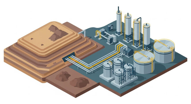 Isometric industrial refinery and storage tank complex.