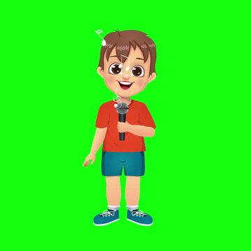 Cute Cartoon Boy Singing with Microphone Green Screen Background