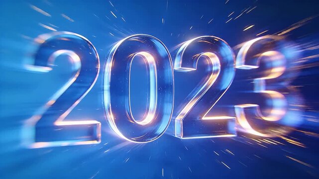 Glass number 2023 in blue light with motion trails