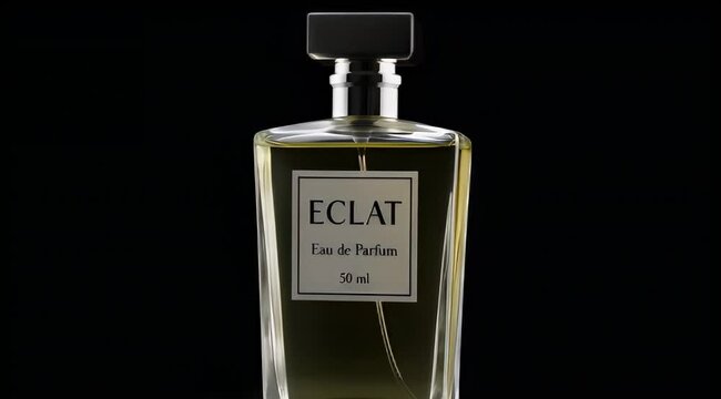 Elegant bottle of clear perfume with a black cap and label against a dark background