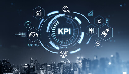 Fototapeta na wymiar KPI dashboard interface with futuristic digital graphics showing performance icons, metrics and business analytics over modern cityscape at night concept success business.