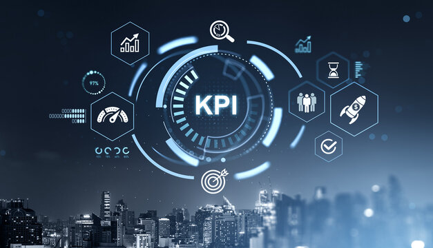 KPI dashboard interface with futuristic digital graphics showing performance icons, metrics and business analytics over modern cityscape at night concept success business.