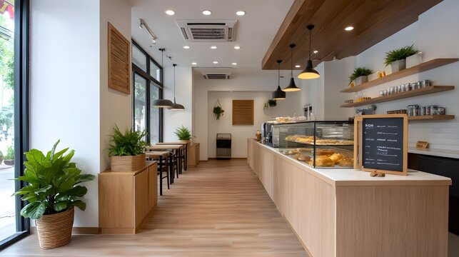 Bright minimalist interior of a modern bakery with wooden accents and a pastry display