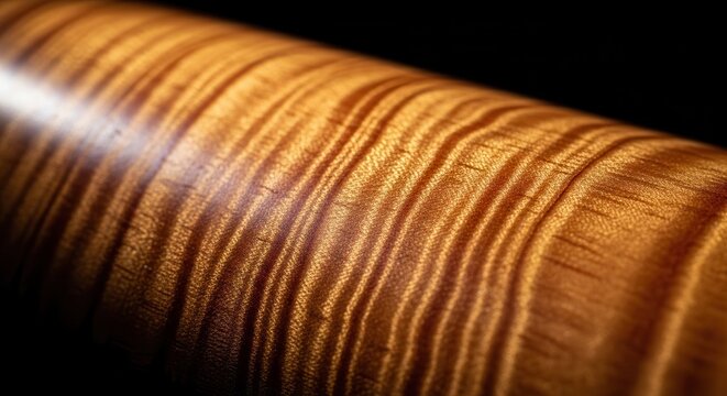 Close-up view of swirling curly koa wood grain texture with iridescent chatoyance