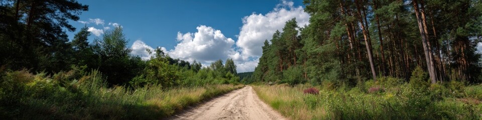 Fototapeta premium Wide dirt path through tall pines and mixed undergrowth with dramatic cloudscape above creating a bright summer forest avenue ideal for nature walks and quiet reflection