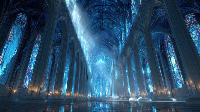 Grand ice crystal cathedral interior with soaring gothic arches reflecting cool blue light and colorful stained windows down a long nave