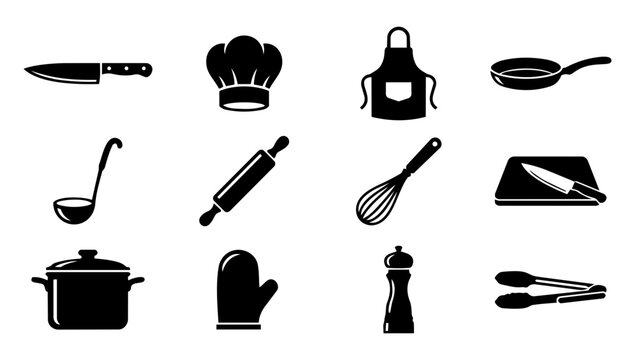 Kitchen Tools Silhouette Set &ndash; Chef Equipment, Cooking Utensils, Knife, Pan and Kitchen Icons