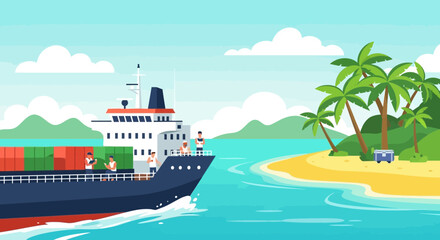 Obraz premium Cargo ship sailing past tropical island with palm trees and sandy beach