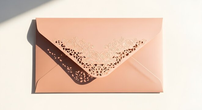 Elegant light pink envelope with intricate lasercut floral lace pattern on the flap, top view, sophisticated stationery for wedding invitations