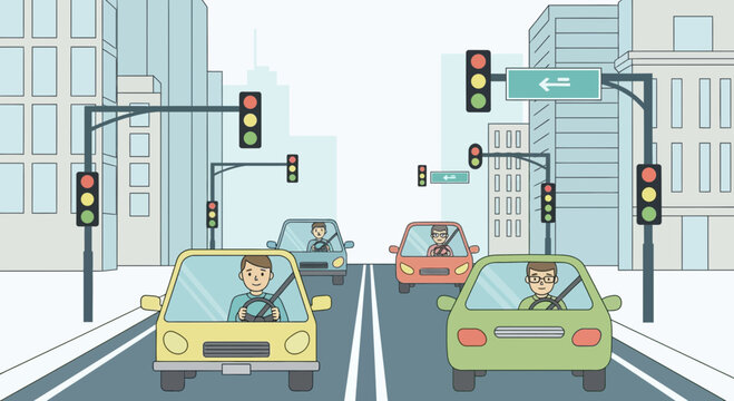City traffic intersection with cars and traffic lights, urban commute