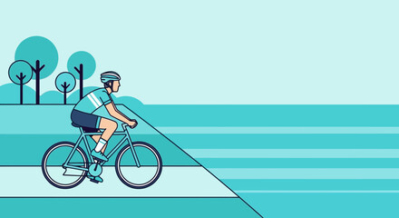 Fototapeta premium Cyclist riding a bicycle on a path next to water with trees in the background, flat design.