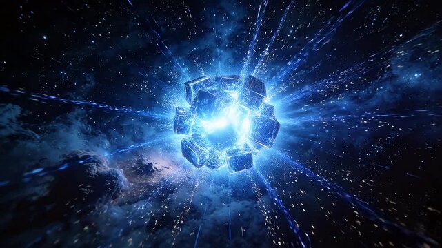 Glowing transparent cubes in cosmic space background