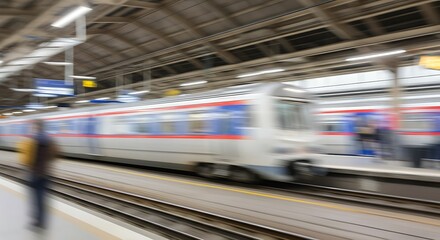 Fototapeta premium Completely blurred background of a busy train station platform, blurred trains and passengers, motion blur