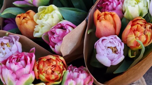 A bouquet of bright tulips of different colors (purple, yellow, orange) wrapped in kraft paper. Beautiful flowers for sale. The flowers have lush, wavy petals